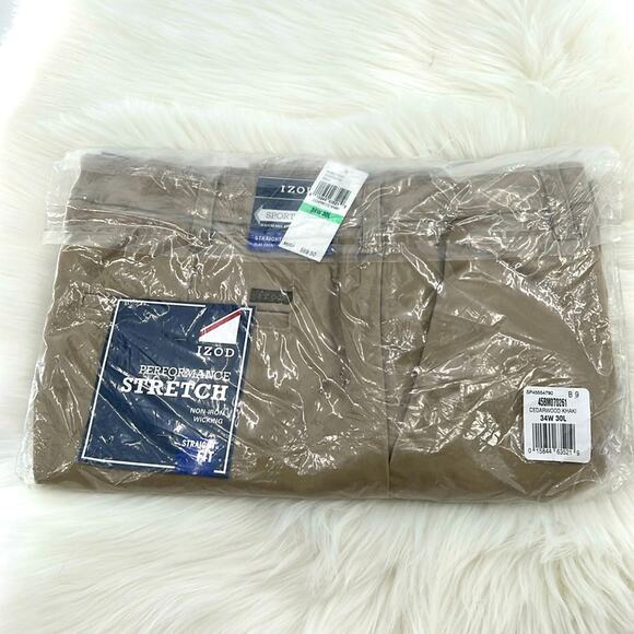 Izod Performance Stretch Non-Iron Straight Fit Flat Front Pants - Khaki - 34x30 - Picture 1 of 4